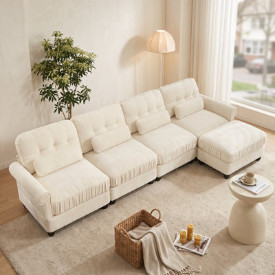 4-Seater Cottage-Inspired Ruffled Chenille Modular Sofa with Ottoman, Tufted Back, Rolled Arms & Lumbar Pillows, Beige