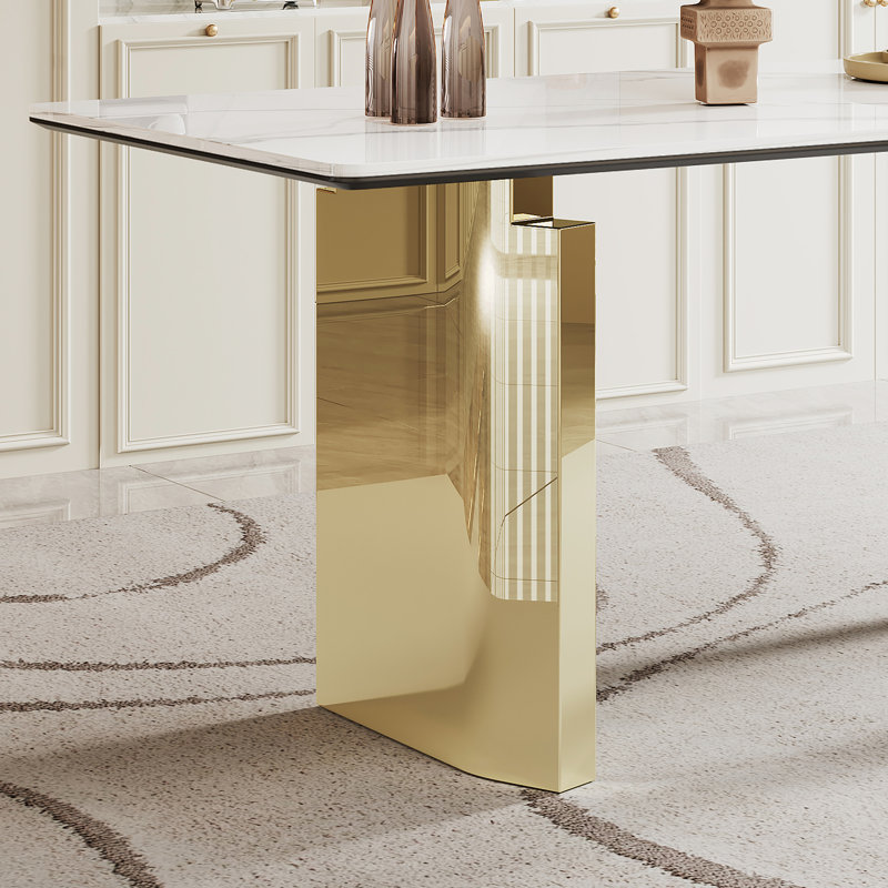 Table de salle à manger rectangulaire dorée avec plateau en verre trempé composite de 12 mm d'épaisseur et base en acier inoxydable de 0,47 po d'épaisseur, pour repas de famille réguliers, 70,79 po de profondeur, 30,86 de largeur, 29,02 de hauteur,
