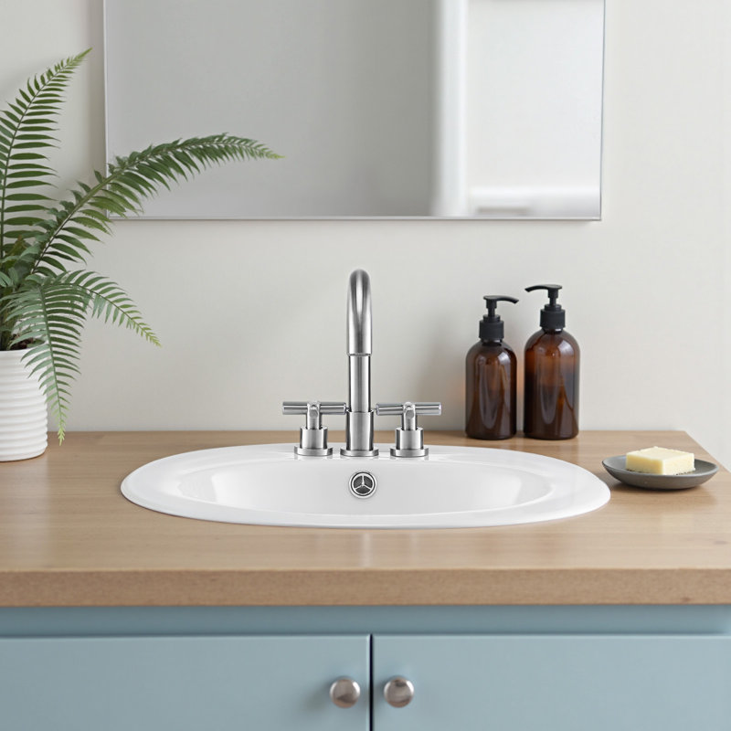 Semi Recessed Bathroom Sink, 19.09 x 16.73 Inch Oval White Ceramic Vessel Sink with Overflow Hole and 3 Faucet Holes, Drop in Modern Lavatory Vanity Bath Wash Bowl Basin, Ideal for Small Spaces