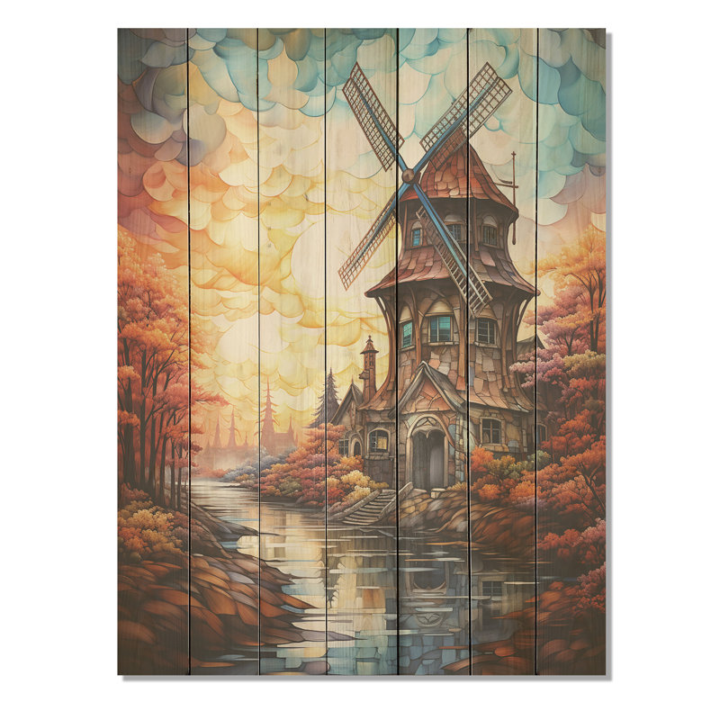 Windmill Sunset Coastal Breeze II - Éoliennes sur bois, H 44 po x l 34 po