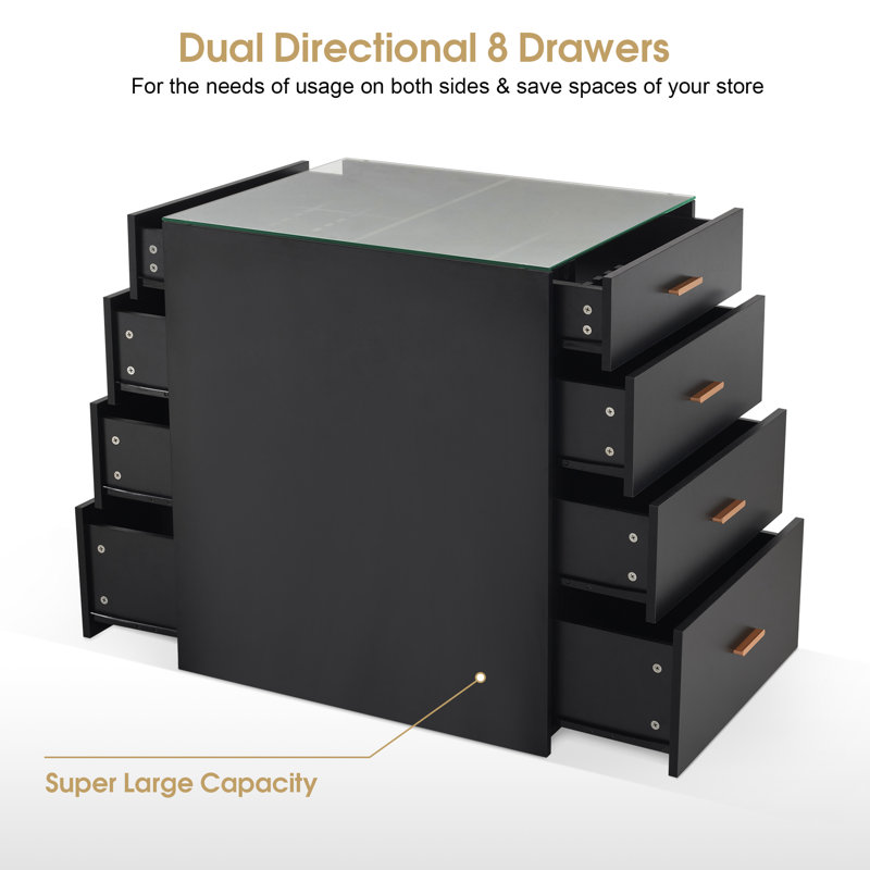 Black Double-Sided Cabinet with Gold Handles and Glass Top