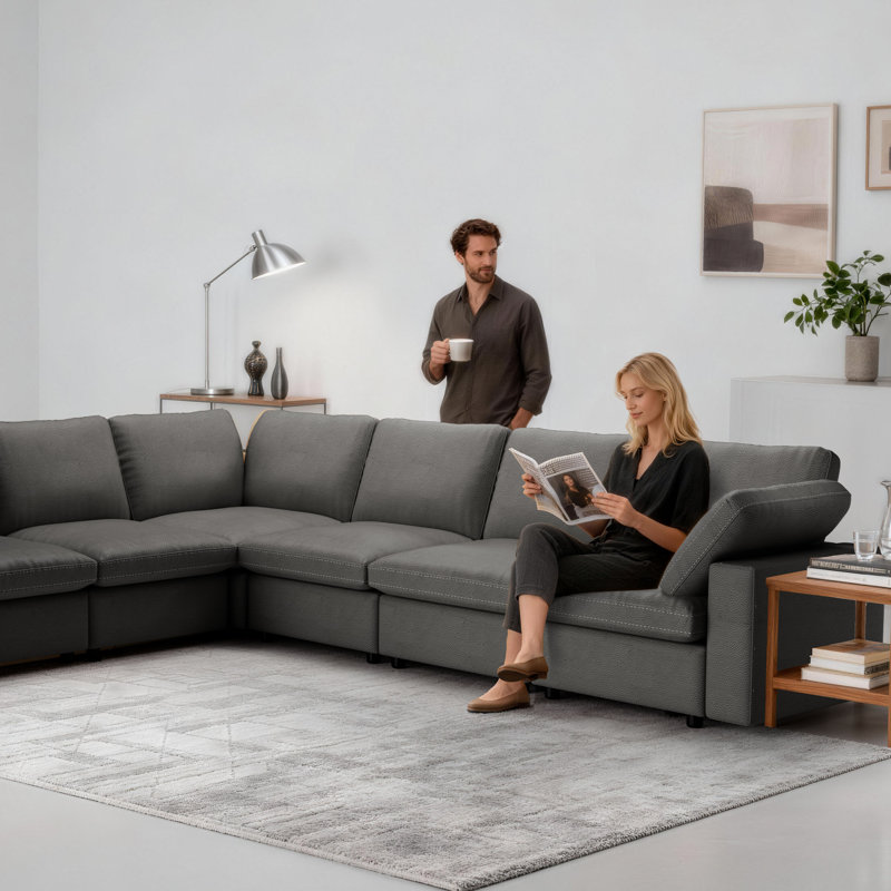 130" L-Shaped Sectional Sofa, 6-Seater Modular Couch With Pu Upholstery Sofa, Gray