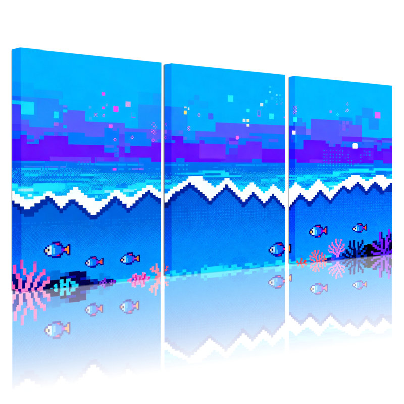 Ensemble de 3 tableaux muraux sur toile tendue représentant une scène sous-marine en pixel art, H 30 po x l 60 po