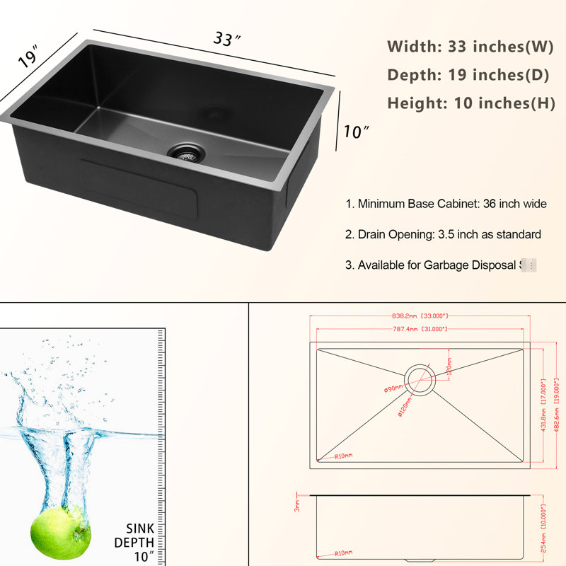 19"X10"X33" Gunmetal Black Sink, Stainless Steel, X-Shaped Water Guide For Efficiency 33"X19"X10" Undermount Kitchen Basin, 16G Stainless, Hygienic Design