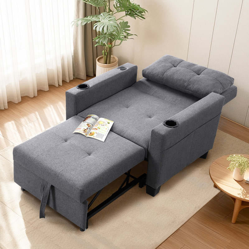 Sleeper Chair Bed With USB Ports & Cup Holders, 3-In-1 Convertible Sofa Bed For Living Room, Gray