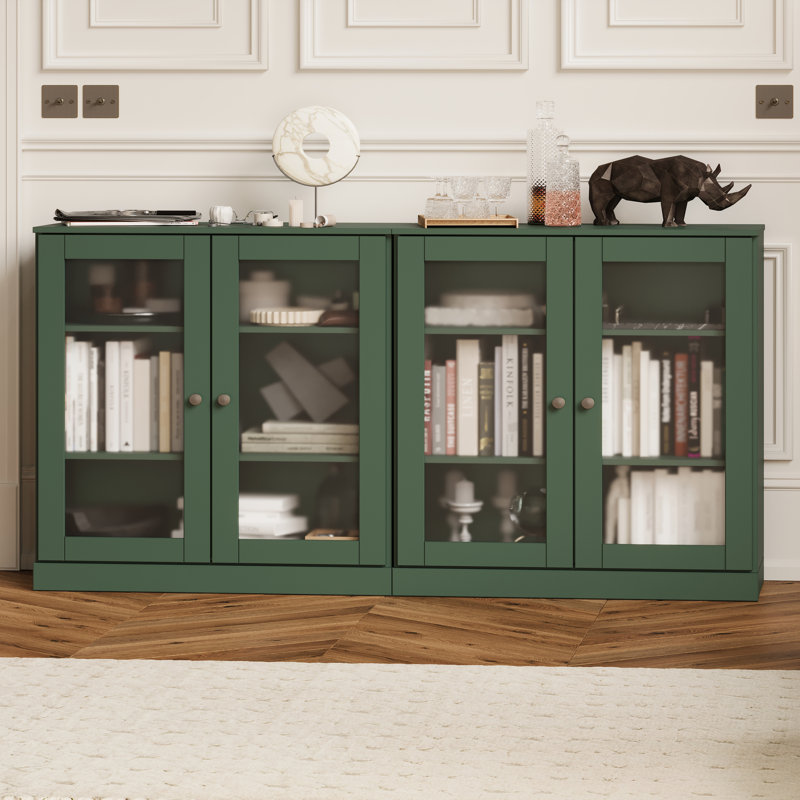 100% Solid Wood 64" Sideboard with Frosted Glass Doors and Adjustable Shelves, Yellow