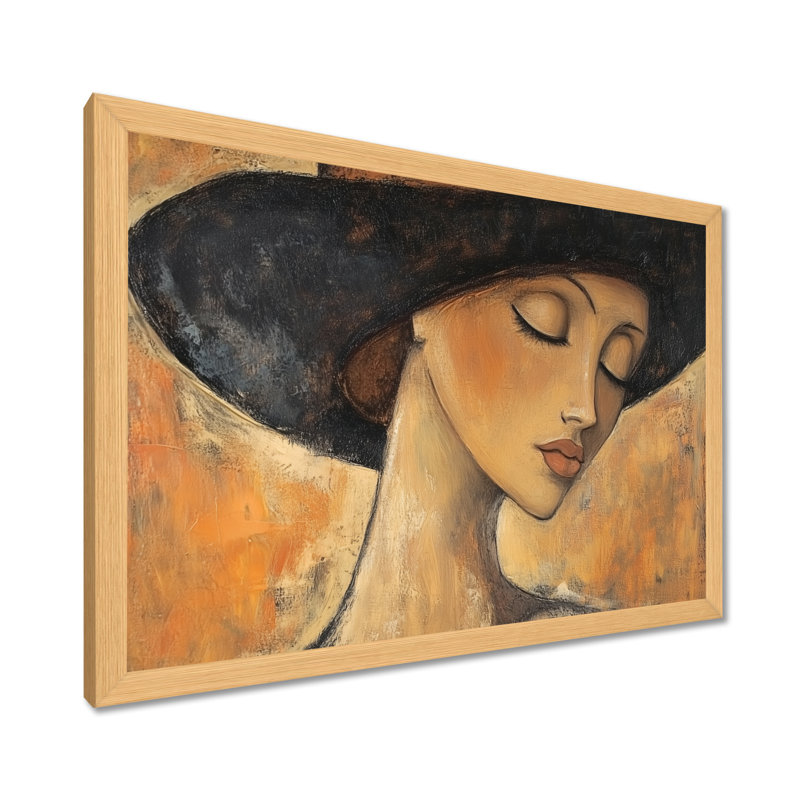 Femme au chapeau parisien II - Tableau moderne encadré, 24" H x 32" W, Natural Picture Framed