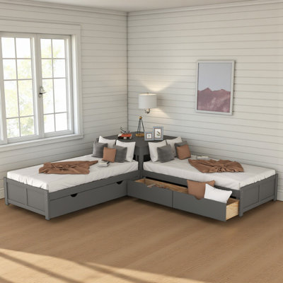 L-Shape Wood Double Twin Platform Beds With Trundle