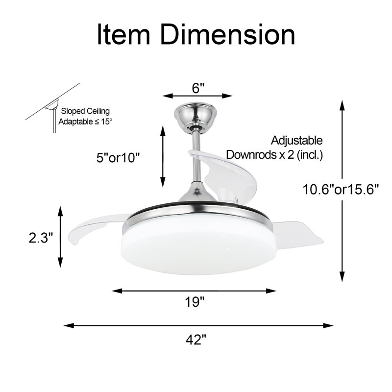 Zamorion 3-Blade LED Ceiling Fan with Remote Control and Light Kit Included. Six Speeds, Chrome