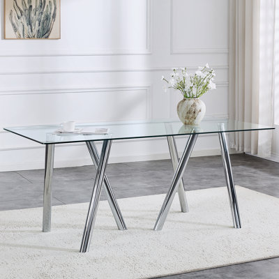 71-Inch Tempered Glass Dining Table With Sturdy Metal Legs
