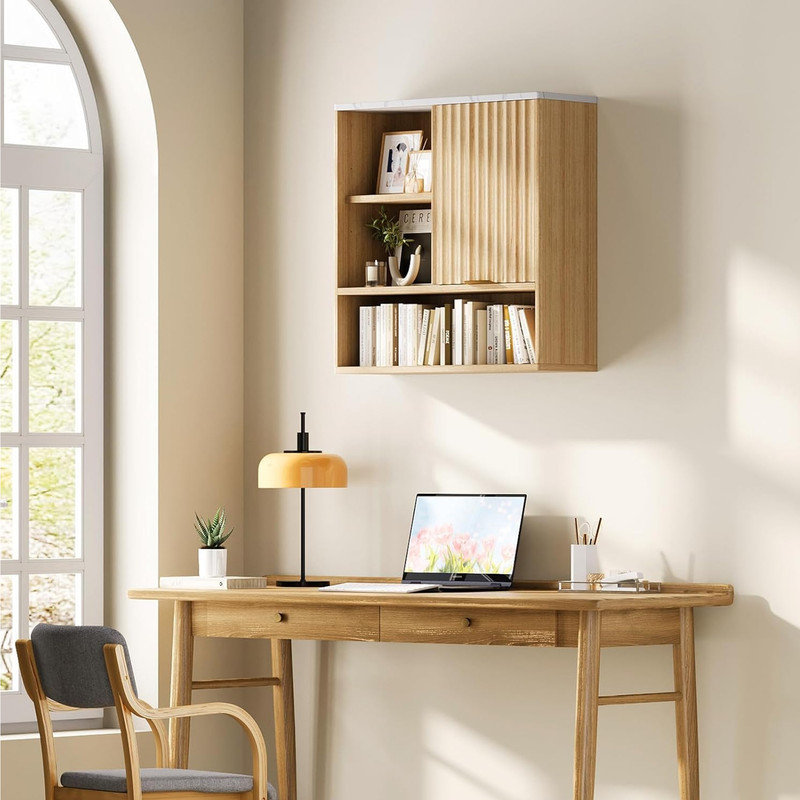 Armoire de salle de bain moderne avec porte coulissante cannelée - Pharmacie à profil courbé 24 po x 23,2 po avec plateau en faux marbre et tablette réglable