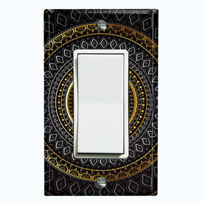 Metal Light Switch Plate Outlet Cover (Orange Yellow Black Mandala Circle  - Single Rocker)