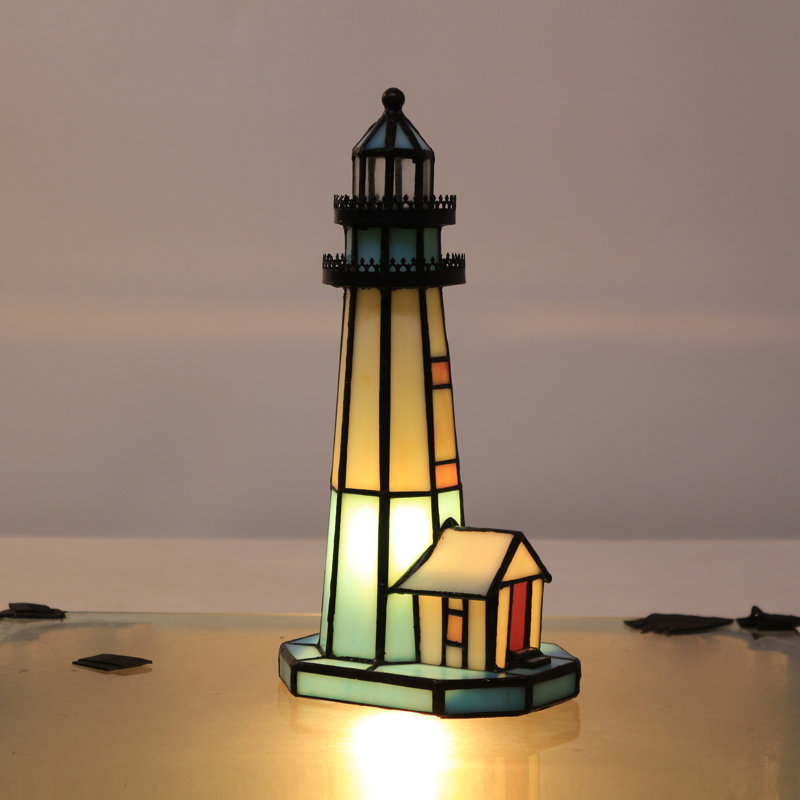 Small Tiffany Lighthouse Stained Glass Accent Table Lamp Night Light for Home Decoration (White Blue)