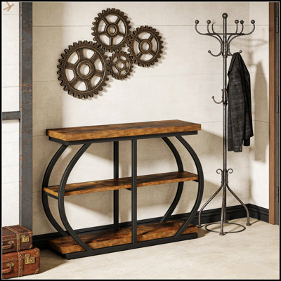 Ample Storage Entryway Table, Console Table With Dual Arched Metal Frames And Rustic Finish For Modern Industrial Decor