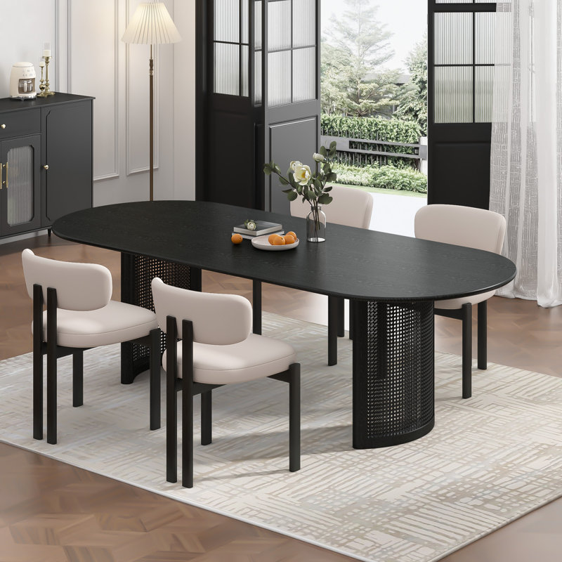 Table de salle à manger 79 "en bois massif noir avec rotin, H 30 po x L 79 po x l 33,5 po, Noir
