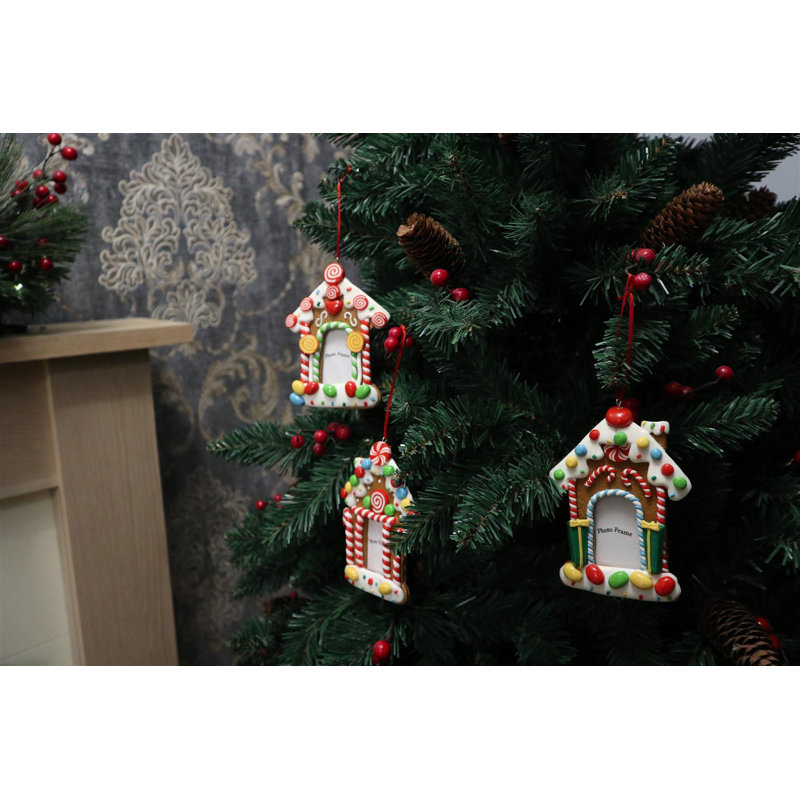 3 Piece Christmas Tree Hanging Decorations, Ceramic Home Shapes with Personalised Photo Frames, Multicolour Seasonal Decor