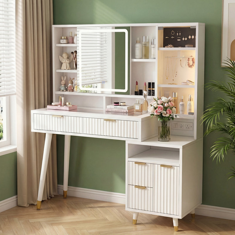 Makeup Vanity Desk With Led Lights,Vanity With 53" Fluted Sliding Mirror,Makeup Table With Glass Top,6 Drawers And Rgb Glass Cabinets,Dressing Table With Adjustable Shelves & Power Outlet For Bedroom,White