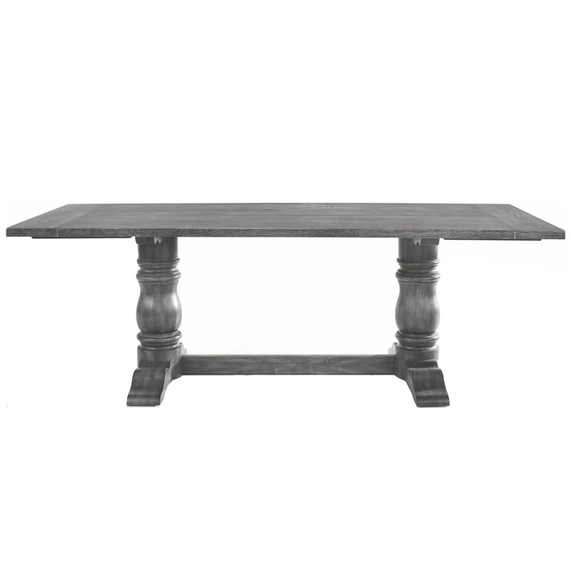 Rectangular Trestle Table With Double Turned Pedestal, Weathered Gray