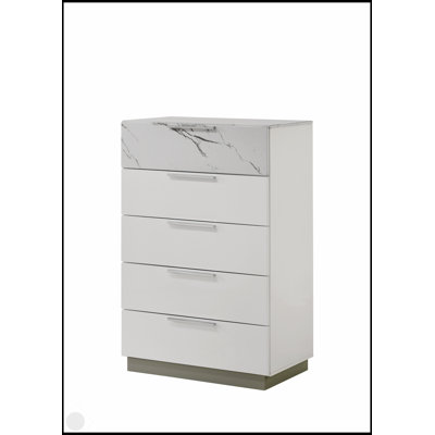 Commode Mist White avec finition bicolore ultrabrillante en marbre et laque, cinq tiroirs à glissement lisse et tiroir supérieur doublé de velours
