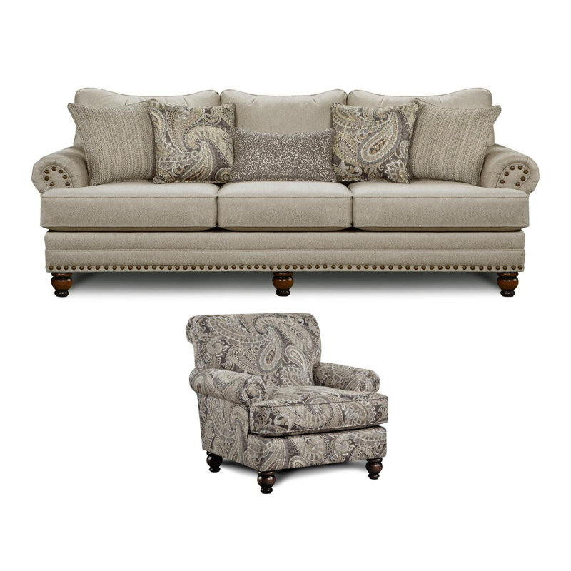 Ensemble de canapé et de chaise 2 pièces avec garniture cloutée et coussins réversibles Freda