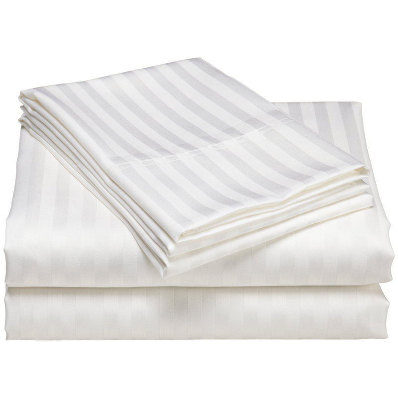 Egyptian Cotton Sateen Striped Sheet Set, White, Twin XL Sheet Set with 1 Pillowcase
