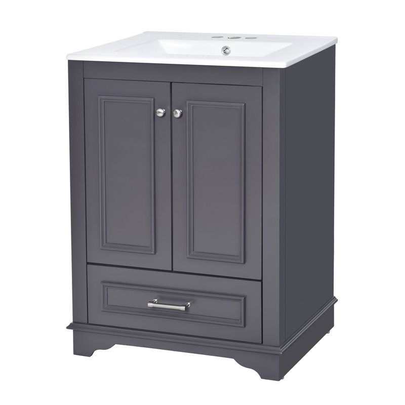 24'' Bathroom Vanity With Ceramic Sink Combo, Modern Freestanding Storage Cabinet  With Silver Handles,  Soft Closing Doors