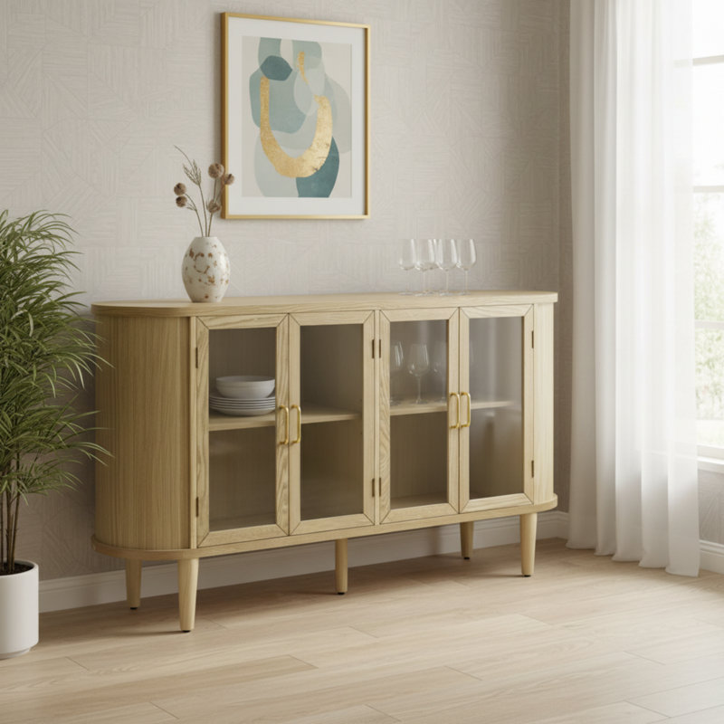 This Natural Wood-Colored Farmhouse-Style Sideboard Features Glass Doors And Adjustable Shelves, Offering A Beautiful And Natural Look Suitable For Kitchens, Dining Rooms, And Living Rooms.