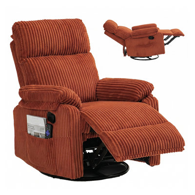 360-Degree Swivel Rocking Recliner Chair with Footrest, Corduroy Upholstery, Orange