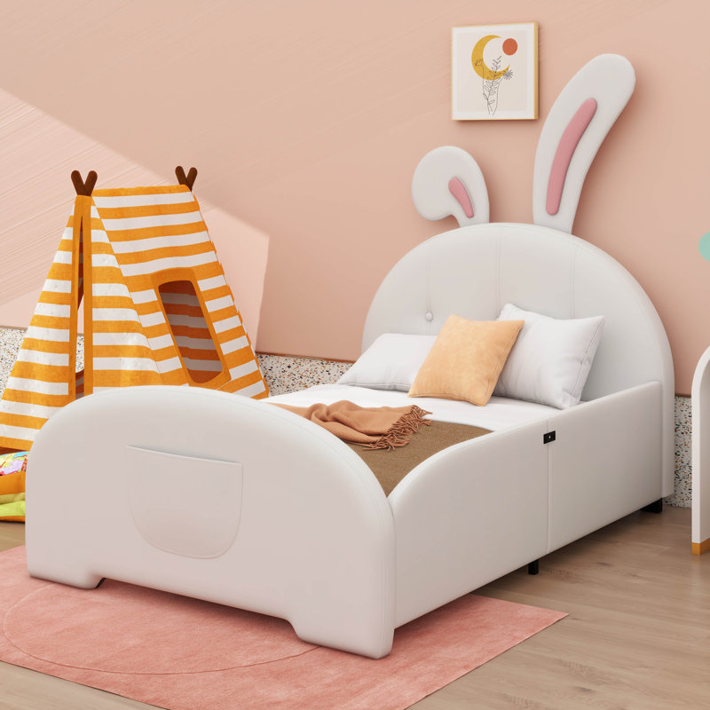 Lit princesse en forme de lapin revêtu de tissu pour lit simple, Blanc