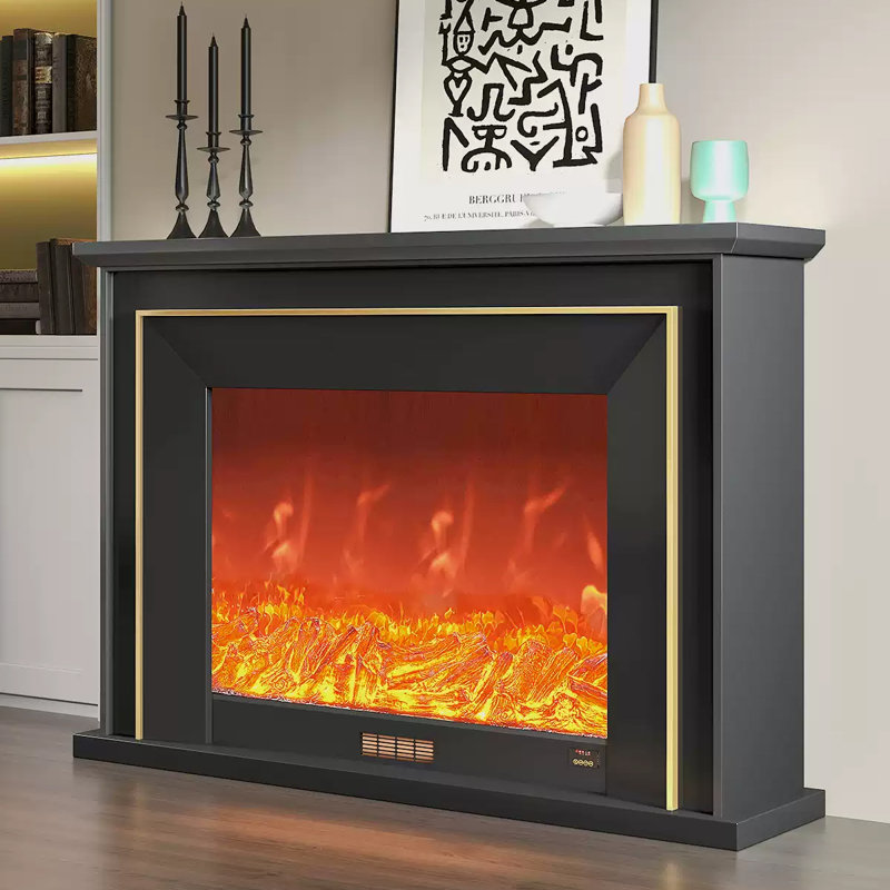 Foyer électrique noir en bois massif, Noir, H 39,37 po x l 47,24 po x P 12,6 po