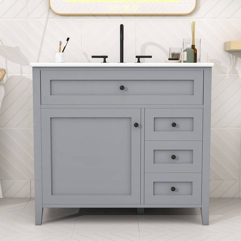 Meuble-lavabo compact autoportant avec rangement réglable, 4 tiroirs et lavabo en céramique, Gray