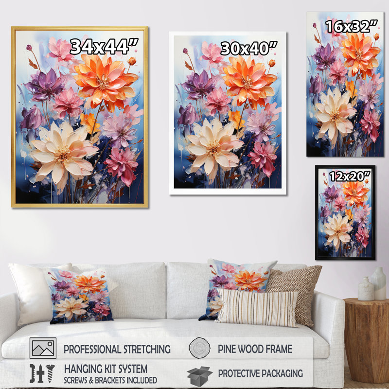 Chaye - fleurs saisonnières multicolores sur fond bleu I - impression, H 40 po x l 30 po x P 1,5 po, Cadre naturel flottant