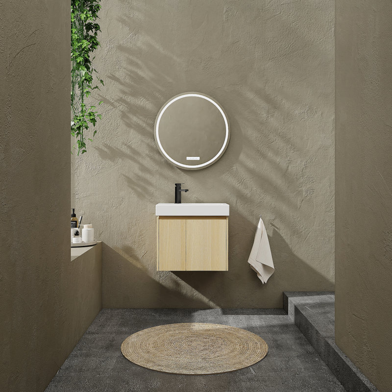 Meuble-lavabo de salle de bain avec lavabo en céramique, meuble-lavabo mural flottant, armoire de rangement en bois avec portes doubles pour la salle de bain, chêne