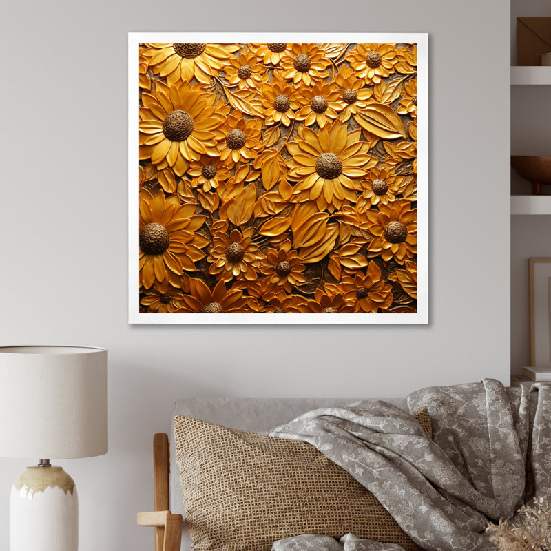 " Golden Radiant Sunflower Blooming ", 36" H x 36" W x 1.5" D, White Single Picture Framed