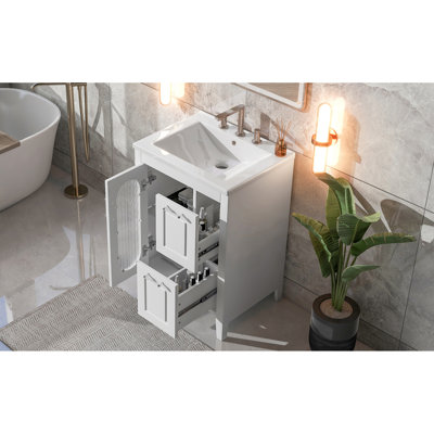 Meuble-lavabo de 24 po avec lavabo, deux tiroirs, porte, tablette réglable, blanc, style moderne, finition peinte encastrée, lavabo rectangulaire