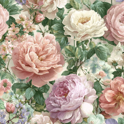 Peler et coller papier peint fleur de jardin de pivoines romantiques couleurs pastel douces papier peint amovible auto-adhésif mural pour armoires de cuisine de chambre à coucher 17,7 po x 118 po
