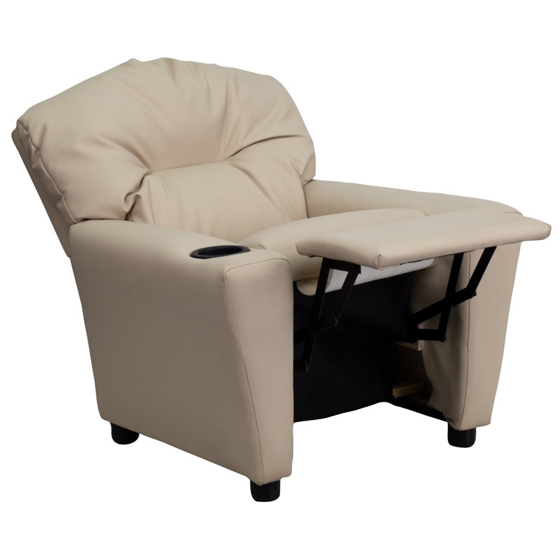 Contemporary Kids Recliner with Cup Holder, Vinyl - Beige