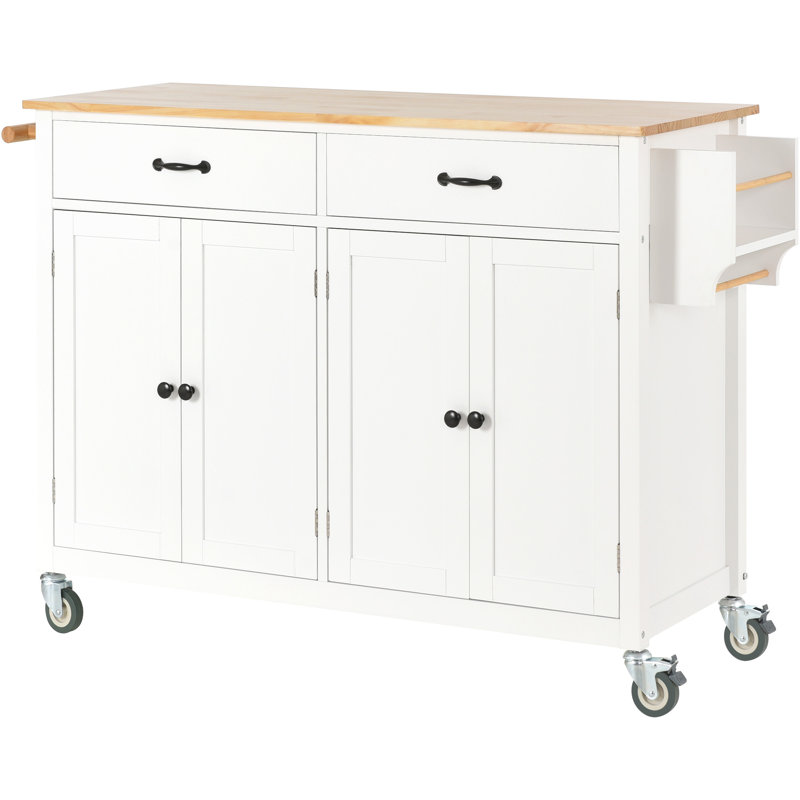 Kitchen Island Cart With Solid Wood Top And Locking Wheels, White
