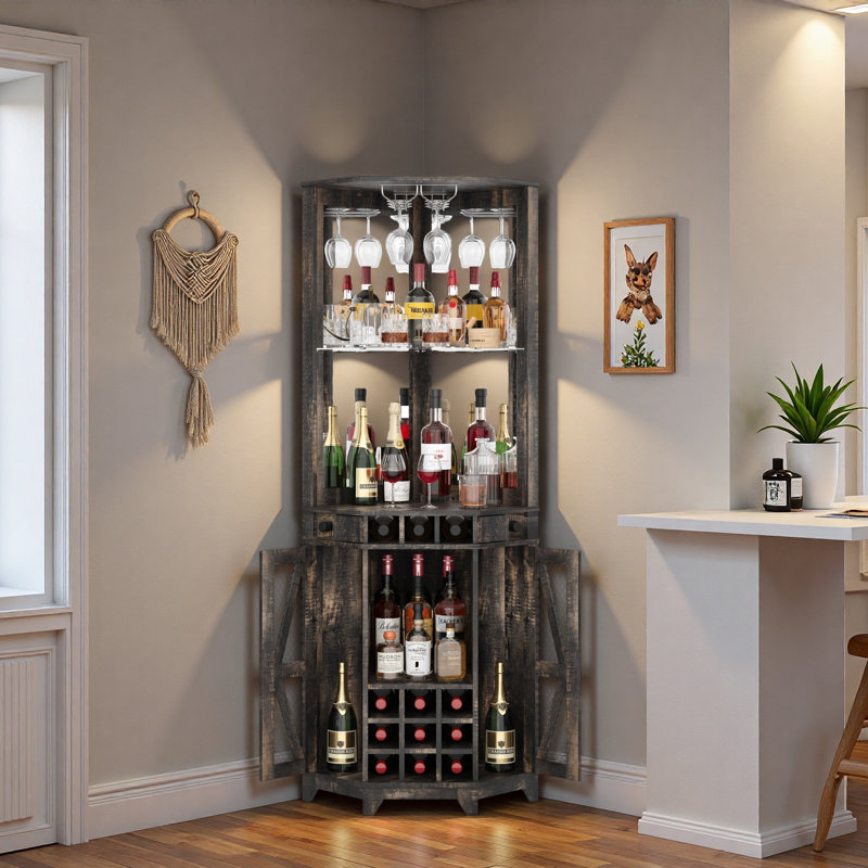 Armoire de rangement d'angle avec porte de grange, porte-verres et porte-bouteilles