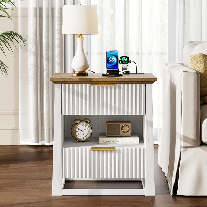 2 Drawer End Tables Set with Storage and Built-in Outlets for Livign Room,Bedroom,Led End Side Tables, White
