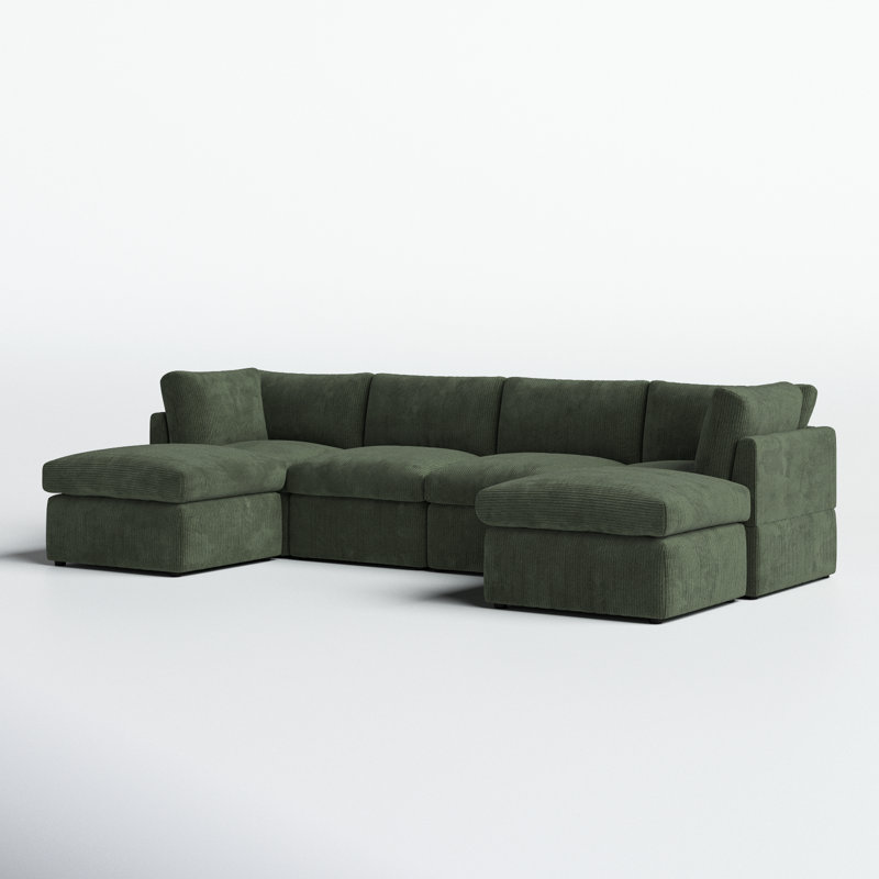 Annai 129" Wide Reversible Modular Corner Sectional with Ottoman, Green Corduroy