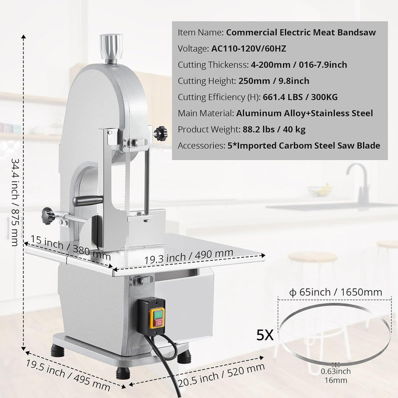 Scie à ruban à viande commerciale 110V 1500W, établi 19,3 "x 15", coupe 0,16-7,9 ", vitesse 19m / s, 2.01HP avec 5 pales pour poisson et boeuf
