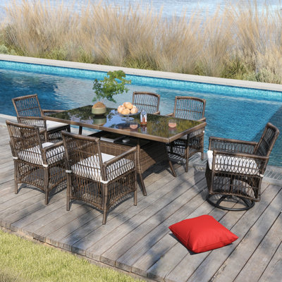 6 Person Patio Dining Set With Glass Table And Wicker Chairs