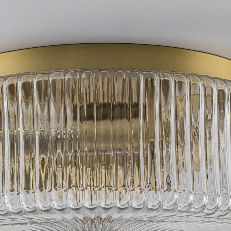 3-Light Ribbied Glass Drum Flush Mount, Gold, Clear
