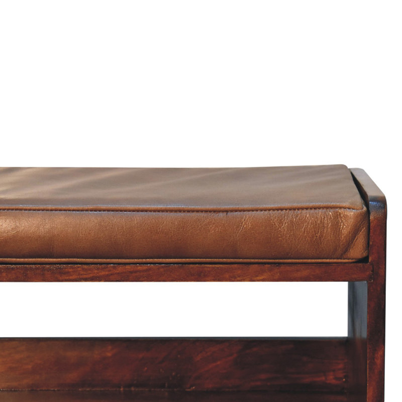 Banc en bois massif de châtaignier avec coussin d'assise en cuir