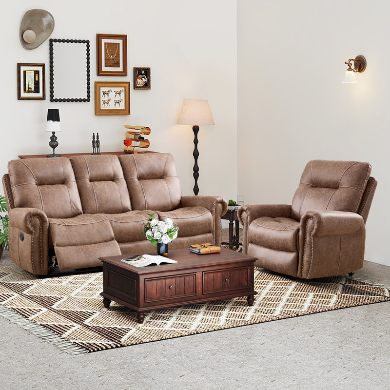 Ensemble de salon inclinable 2 pièces avec fauteuil relevable et canapé manuel, Brun rétro