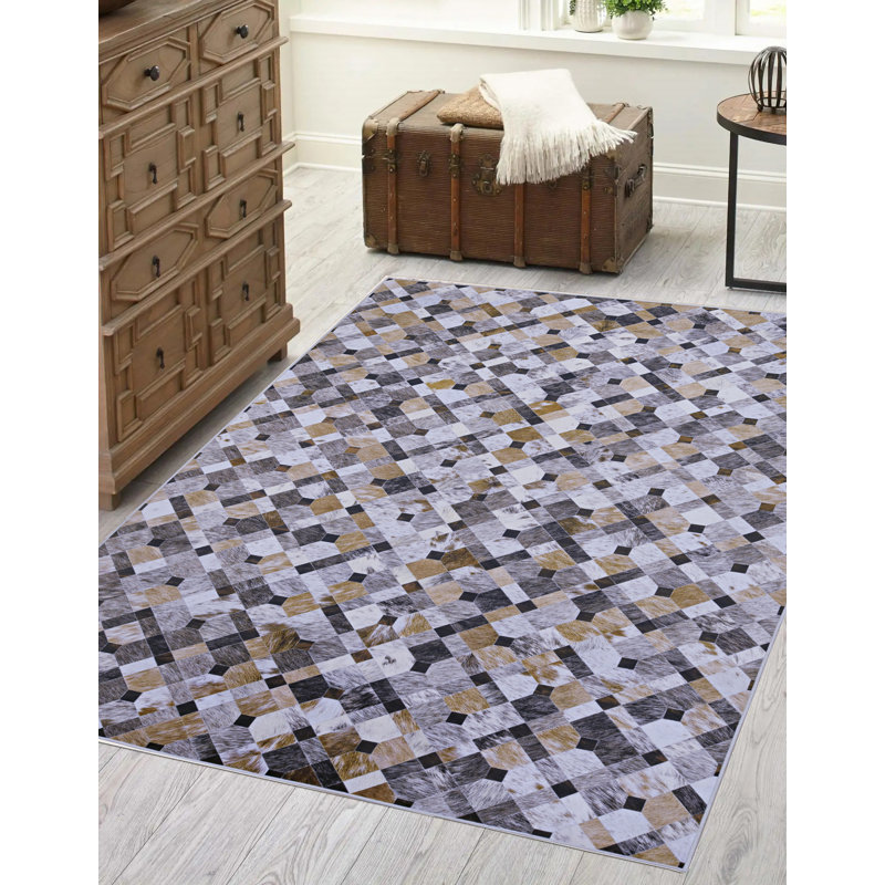 Jahmaal Patchwork Faux Cowhide Brown Printed Area Rug, Rectangle 3' x 5'