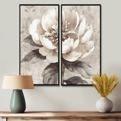 Pivoines grises sur branche I - grandes pivoines, art mural 2 panneaux