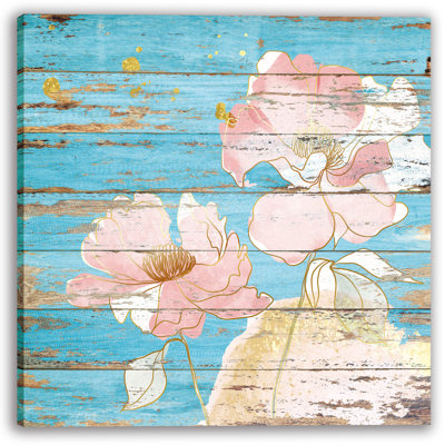 «Rustic Pink Blooms» sur toile bleue patinée