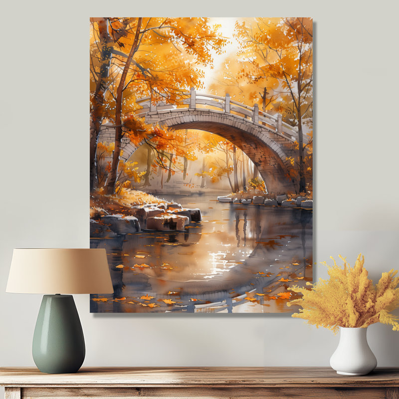 Décoration murale jaune et beige, automne, rivière de beauté IV - Ponts, Toile tendue, H 20 po x l 12 po x P 1 po